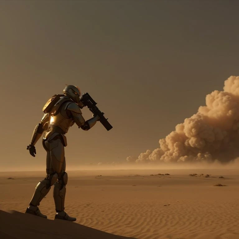 sandstorm in Los Angeles, robots fighting vs human soldiers, cinematic film quality capture, soft lighting, afternoon setting