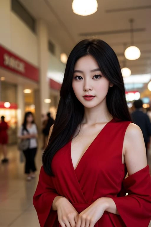 photo of 24 year old black haired Korean woman wearing red dress in a mall, (focus on the eyes), soft natural lighting, portrait photography, (visible pores:0.117) , detailed skin, high quality, film grain