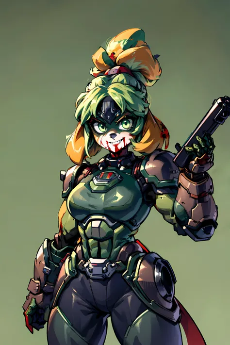 <lora:isabelle:1> isaCrossing, red ribbon, topknot, furry, furry female, scary smile, ((((dark green power armor)))), (((hell background))), holding weapon, shotgun, (((blood))), pants, <lora:doomslayer2:0.5>, slayer, armor, helmet,