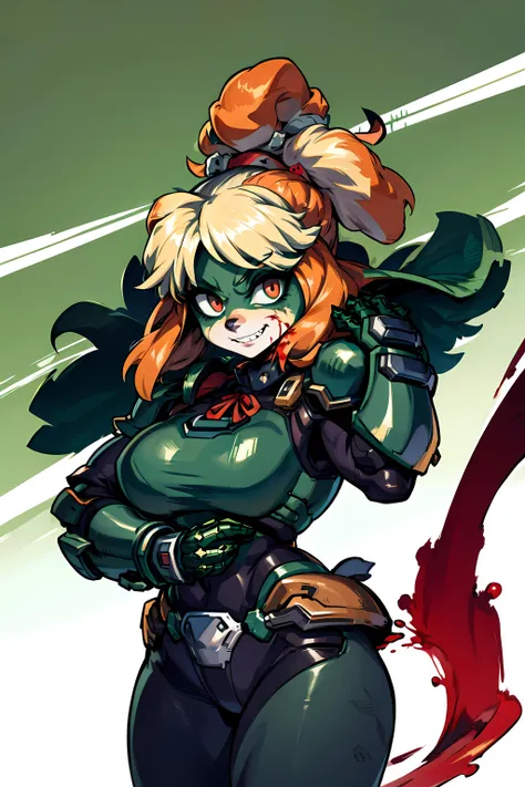 <lora:isabelle:1> isaCrossing, red ribbon, topknot, furry, furry female, scary smile, ((((dark green power armor)))), (((hell background))), holding weapon, shotgun, (((blood))), pants,