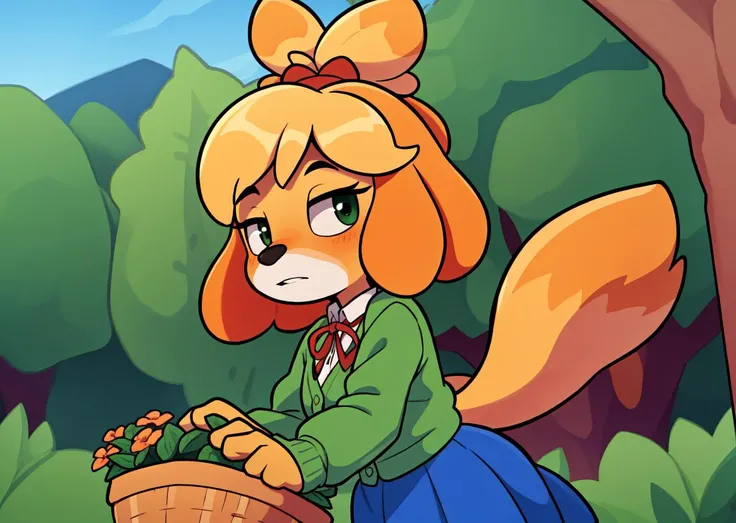 masterpiece:1.2, best quality, isacrossing, topknot, green cardigan, white shirt, blue skirt, red ribbon, checkered pattern, anthro, furry, furry female, forest, picking flowers, flower basket, <lora:isabelleAnimalCrossingV2:0.8>