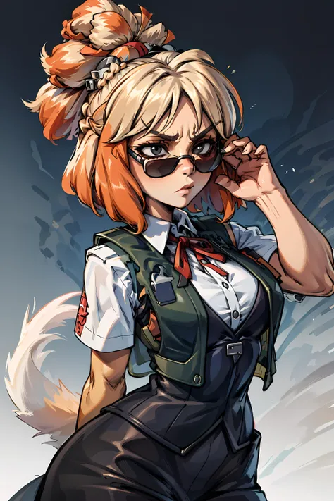<lora:isabelle:1> isaCrossing, red ribbon, topknot, furry, furry female, serious, military uniform, (((bullet proof vest))), ballistic sunglasses,