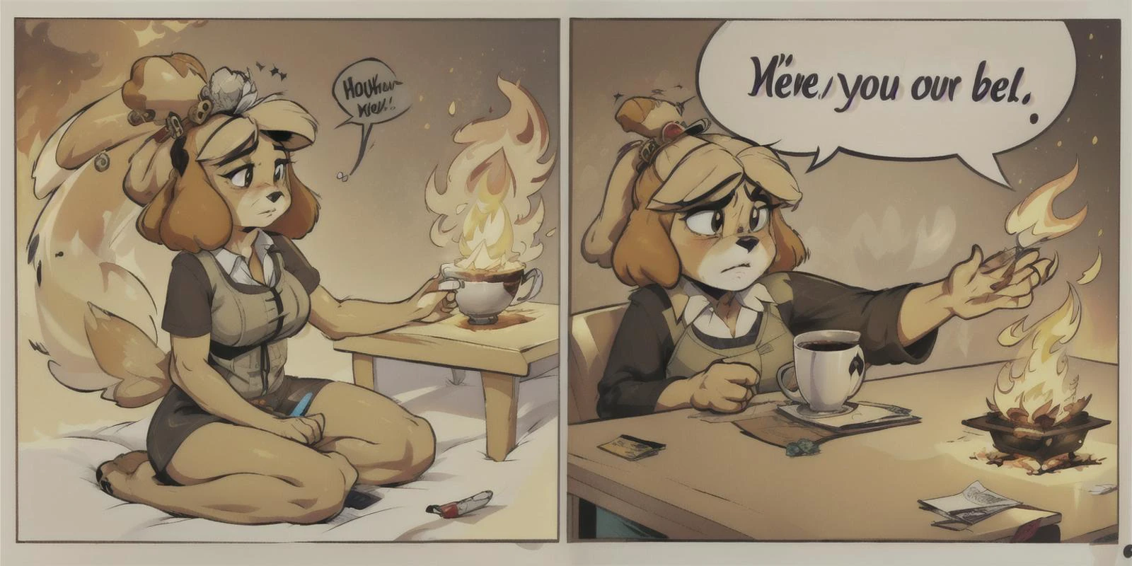 masterpiece, best quality, <lora:isabelle-12:1>, 1girl, isaCrossing, furry, <lora:FirevfxCreateMore_v2:.6>, fire, burning, sitting, mug, table, speech bubble, english text, comic, serious, expressionless,