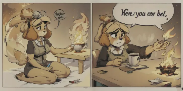 masterpiece, best quality, <lora:isabelle-12:1>, 1girl, isaCrossing, furry,  <lora:FirevfxCreateMore_v2:.6>, fire, burning, sitting, mug, table, speech bubble, english text, comic, serious, expressionless,