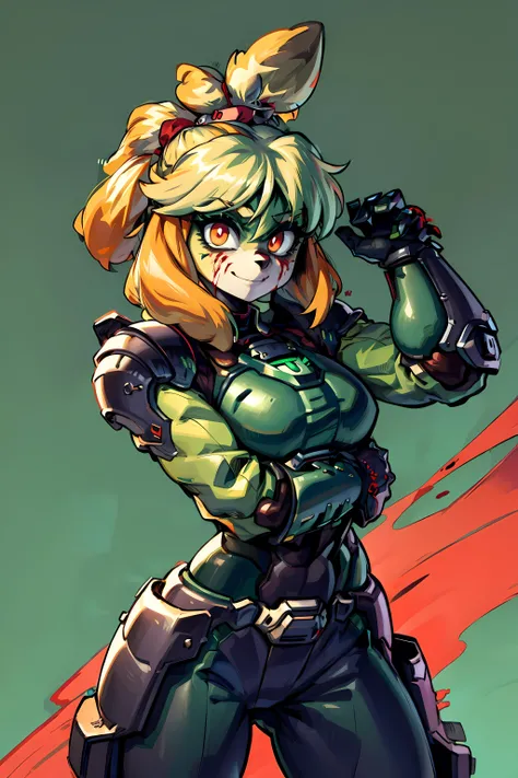 <lora:isabelle:1> isaCrossing, red ribbon, topknot, furry, furry female, scary smile, ((((dark green power armor)))), (((hell background))), holding weapon, shotgun, (((blood))), pants, <lora:doomslayer2:0.5>, slayer, armor, helmet,
