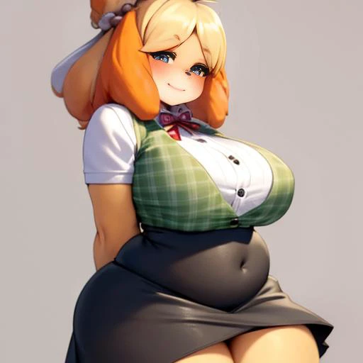 chubby cheeks, [mature, milf], sexy, (cute), (fat face), blue eyes, happy, sultry, masterpiece, isaCrossing, furry, symmetric face, <lora:isabelle:1>