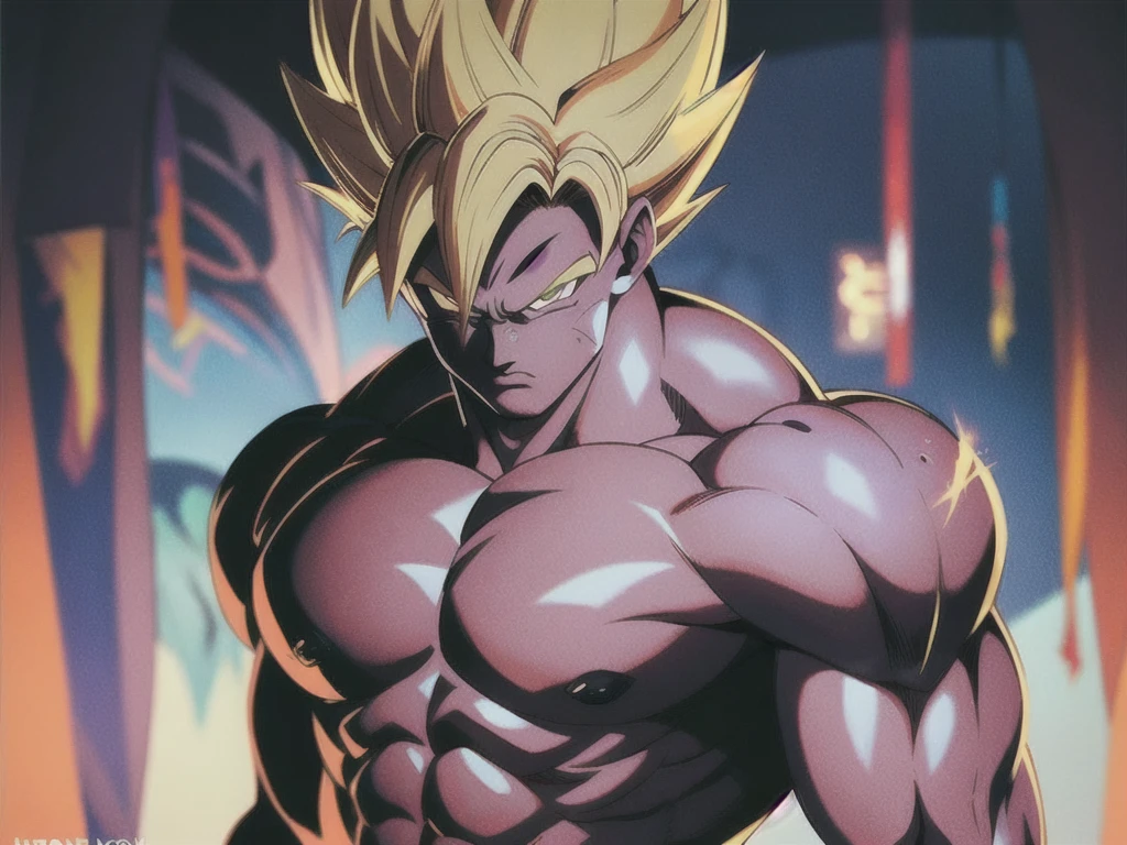 style photo, ( masterpiece, raw:1.4 ) by portrait half body a young Son Goku -yeld ine planet Namek ), focus centered , (ligtings magic in ambient :1.2) , (Goku eyes :1)Highest quality, (very detailed background:1.5),(photorealistic, raw, extremely intricate:1.2) ,giving the scene a dark atmosphere but sculpting the forms in sharp chiaroscuro, it is morning time, (highly detailed skin), skin texture, (detailed face),closed mouth, green eyes, upper body, male focus, pants, grey background, torn clothes, muscular, frown, abs, pectorals, muscular male, spiked hair, topless male, serious, super saiyan, super saiyan 1 (very detailed eyes:1) (very detailed face:1) (very detailed iris and pupils :1.2) round pupils , sunny day, detailed background, sharp focus, twilight lighting, volumetric lighting, highly detailed, intricate details, 8k, highly detailed, UHD, HDR, cinematic action scene , amazing perspective, looking front , perfect framing, profesional photo, young face, hiperrealistic anatomy, musculate, ultrarealist skin , bright lights, <lora:Neon_Barbarian:0.50><lora:add_detail:0.3> <lora:GoodHands-beta2:1> <lora:Ghibli_v4:1> <lora:GSayan-10:1.5>