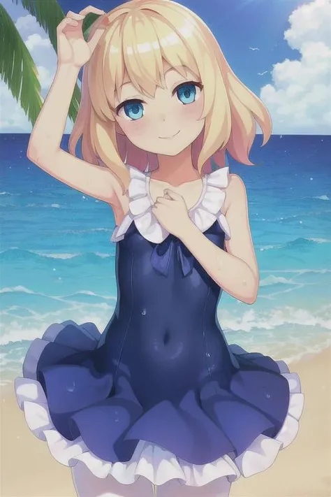 <lora:TsubaV3:.65>, (best quality, masterpiece), 1girl, pose, particle, looking at viewer, focus on face, smile, blonde, blue_eyes, smile, blush, beach, outdoors, lying, one-piece_swimsuit, frills, water, wet, pantyhose, sfw