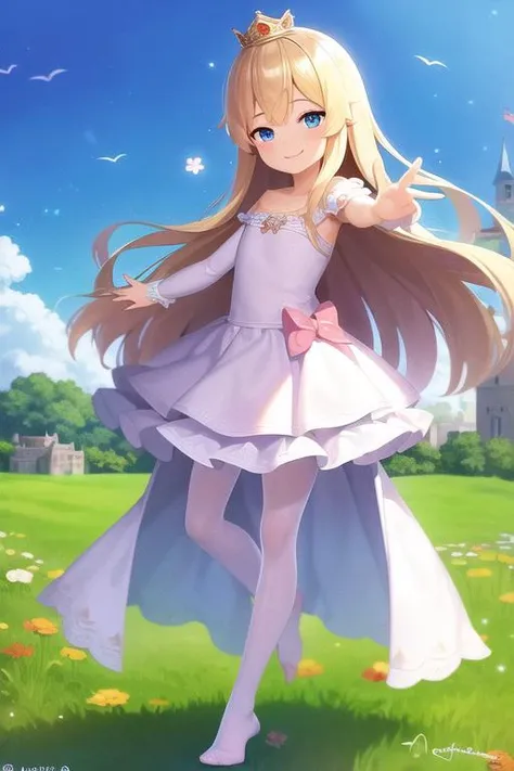 <lora:TsubaV3:.75>, (best quality, masterpiece), 1girl, pose, particle, wind, flower, looking at viewer, focus on face, smile, blonde, blue_eyes, smile, blush. outdoors, castle, standing, princess, frills, white_pantyhose, crown,