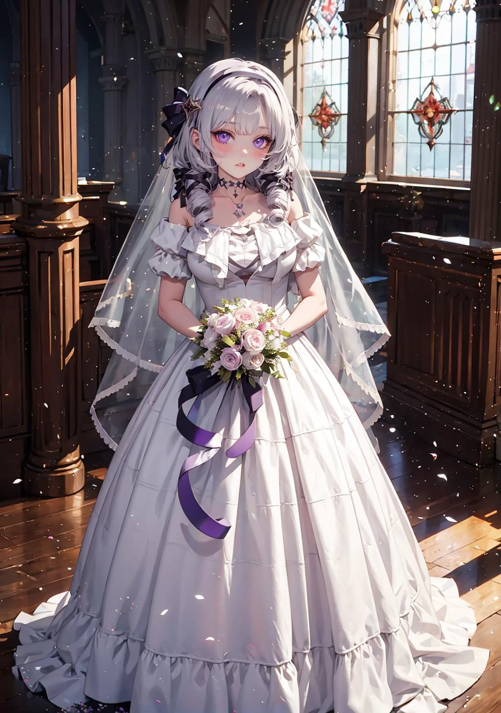 (masterpiece,best quality:1), high resolution, Front face lighting
1girl, full body, little body, cute woman, highlight, fantasy scenery,
full-face blush heavy breathing
shiny skin, shiny hair, large breasts,
hmsalome, drill hair, parted bangs, black hairband, ribbon, purple eyes,
indoors, (wedding dress:1.2), white bridal gauntlets, piercing, necklace, jewelry, bouquet flower, church,
<lora:hyakumantenbara_salome_v1:0.9>
against wall,
<lora:light powder:0.7>