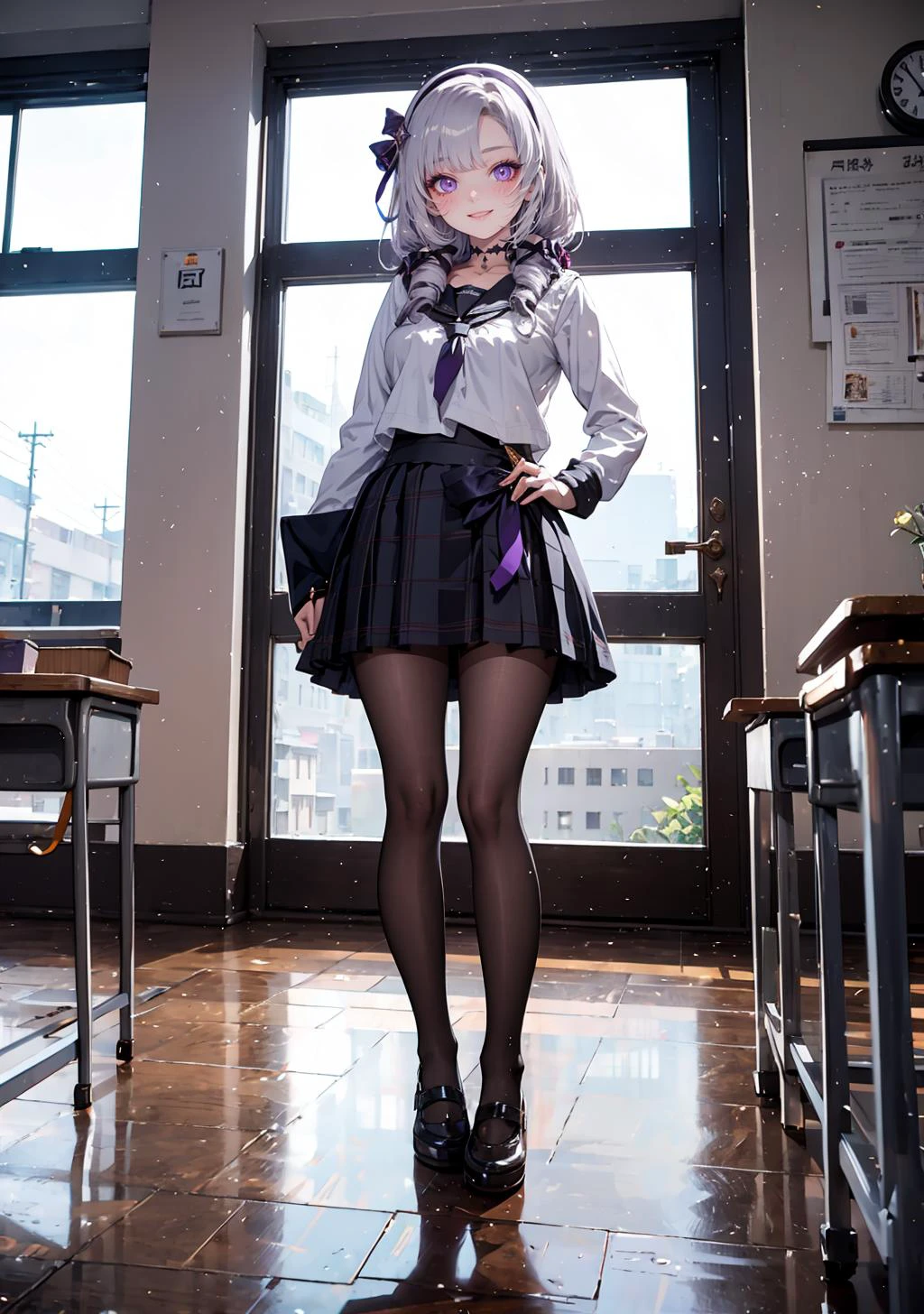 (masterpiece,best quality:1), high resolution, Front face lighting
1girl, full body, little body, cute woman, highlight, fantasy scenery,
smile, blush,
shiny skin, shiny hair, large breasts,
hmsalome, drill hair, parted bangs, black hairband, ribbon, purple eyes,
school uniform, plaid, pleated skirt, serafuku, sailor collar, indoors, classroom,
<lora:hyakumantenbara_salome_v1:0.9>
peace sign,
<lora:light powder:0.7>