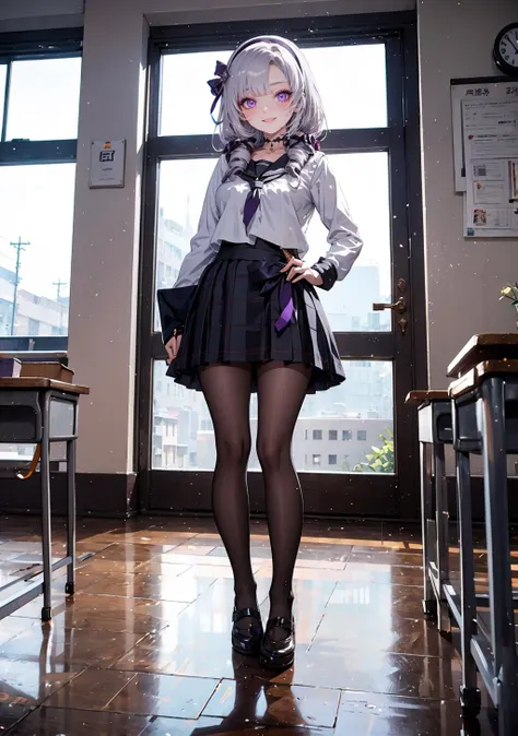 (masterpiece,best quality:1), high resolution, Front face lighting
1girl, full body, little body, cute woman, highlight, fantasy scenery,
smile, blush,
shiny skin, shiny hair, large breasts,
hmsalome, drill hair, parted bangs, black hairband, ribbon, purple eyes, 
school uniform, plaid, pleated skirt, serafuku, sailor collar, indoors, classroom,
 <lora:hyakumantenbara_salome_v1:0.9>
peace sign,
<lora:light powder:0.7>