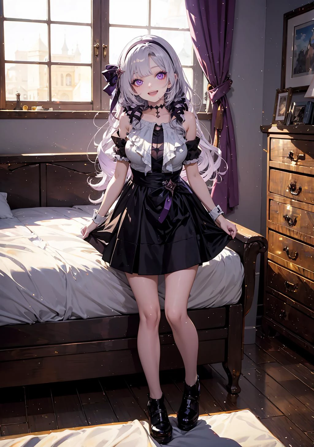 (masterpiece,best quality:1), high resolution, Front face lighting
1girl, full body, little body, cute woman, highlight, fantasy scenery,
smile, open mouth,
shiny skin, shiny hair, large breasts,
hmsalome, drill hair, parted bangs, black hairband, ribbon, purple eyes,
cat ears, cat tail, cat paws, indoors, room, on bed,
<lora:hyakumantenbara_salome_v1:0.9>
lifted by self,
<lora:light powder:0.7>