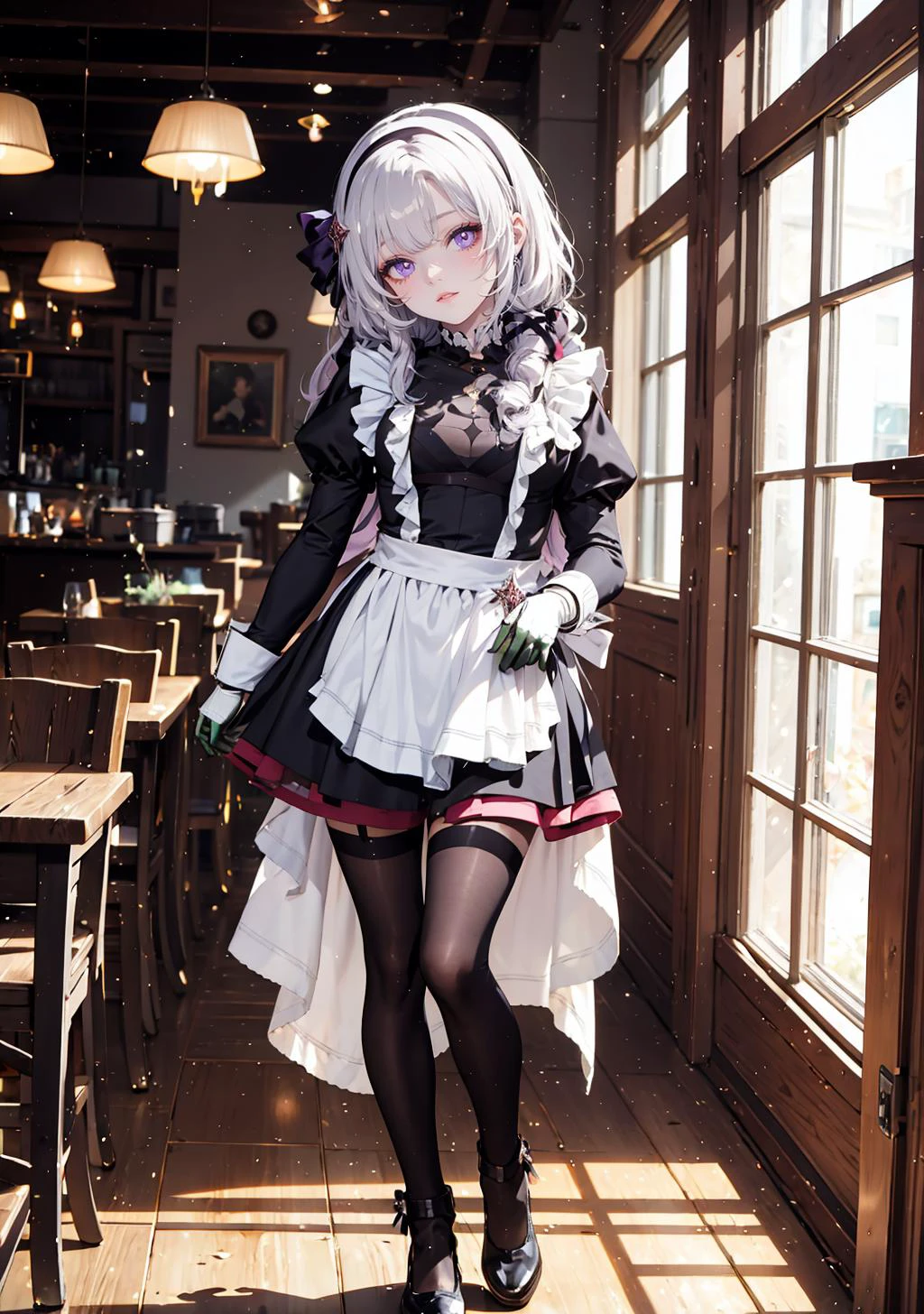 (masterpiece,best quality:1), high resolution, Front face lighting
1girl, full body, (little body, ), cute woman, highlight, fantasy scenery,
head tilt,
shiny skin, shiny hair, large breasts,
hmsalome, drill hair, parted bangs, black hairband, ribbon, purple eyes,
silk full body suit, silk thigh suit, covered skin, maid apron, maid ribbon, gloves, indoors, cafe,
<lora:hyakumantenbara_salome_v1:0.9>
standing, looking at viewer,
<lora:light powder:0.7>