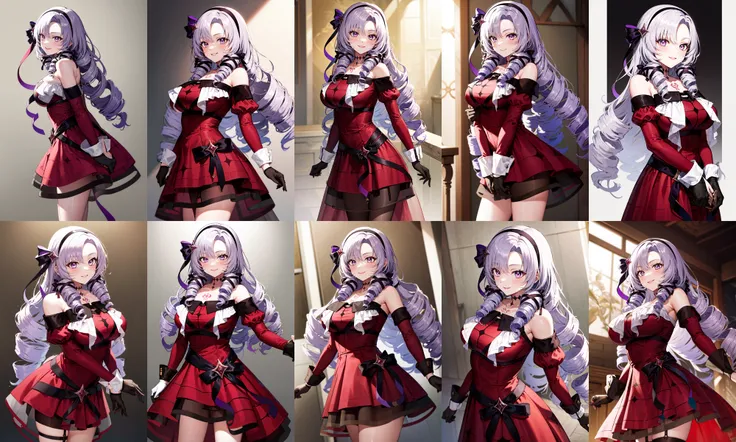 masterpiece, best quality, highres, hmsalome, drill hair, parted bangs, black hairband, ribbon, purple eyes, large breasts, tattoo, red dress, long sleeves, bare shoulders, black gloves, <lora:hyakumantenbara_salome_v1:0.8>, cowboy shot, standing, arms at sides, straight-on, smile,