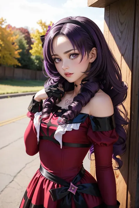 professional photo of hhmsalome, drill hair, parted bangs, black hairband, ribbon, purple eyes, tattoo, red dress, long sleeves, bare shoulders, black gloves, embarrassed,
detailed skin, detailed eyes,
photo made with Canon EOS in naturalistic style photography,
popular on artstation, popular on deviantart, popular on flicker,
<lora:hyakumantenbara_salome_v1:0.8:MIDD>