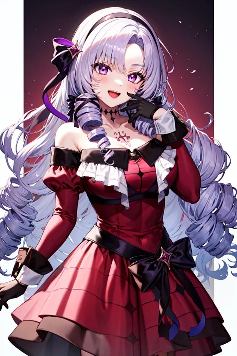 masterpiece, best quality, highres, hmsalome, drill hair, parted bangs, black hairband, ribbon, purple eyes, large breasts, tattoo, red dress, long sleeves, bare shoulders, black gloves, <lora:hyakumantenbara_salome_v1:0.8>, cowboy shot, ojou-sama pose, smile, open mouth, hand on own face,