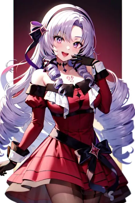 masterpiece, best quality, highres, hmsalome, drill hair, parted bangs, black hairband, ribbon, purple eyes, large breasts, tattoo, red dress, long sleeves, bare shoulders, black gloves, <lora:hyakumantenbara_salome_v1:0.8>, cowboy shot, ojou-sama pose, smile, open mouth, hand on own face,