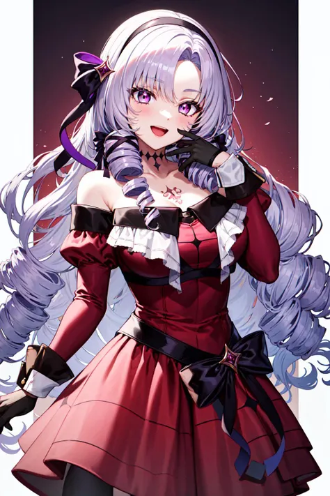 masterpiece, best quality, highres, hmsalome, drill hair, parted bangs, black hairband, ribbon, purple eyes, large breasts, tattoo, red dress, long sleeves, bare shoulders, black gloves, <lora:hyakumantenbara_salome_v1:0.8>, cowboy shot, ojou-sama pose, smile, open mouth, hand on own face,