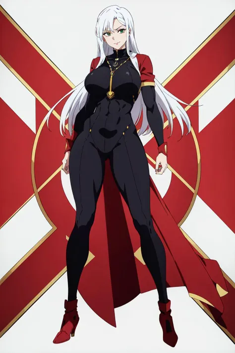 masterpiece, high quality, best quality, (1girl, solo:1.5), (muscular:1.0), muscles, abs, biceps, thighs, obliques, abs lines, naval, thighs, fit, (gigantic breasts:1.0), buffed, (closed mouth, half smile), (full-coverage attire, functional, proper, elegant, and modest attire:1.5), Taarna, white hair, long hair, green eyes, (black bodysuit:1.50), purple makeup, red lipstick, red pauldrons, red vambraces, red rerebraces, red gauntlets, red greaves, (white background:1.5), anime coloring, anime screencap, anime style, anime key visual, (full body:1.5), <lora:Taarnav1.0:0.60>