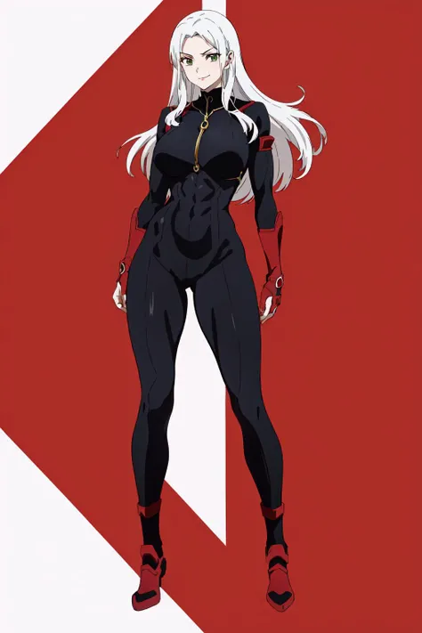 masterpiece, high quality, best quality, (1girl, solo:1.5), (muscular:1.0), muscles, abs, biceps, thighs, obliques, abs lines, naval, thighs, fit, (gigantic breasts:1.0), buffed, (closed mouth, half smile), (full-coverage attire, functional, proper, elegant, and modest attire:1.5), Taarna, white hair, long hair, green eyes, (black bodysuit:1.50), purple makeup, red lipstick, red pauldrons, red vambraces, red rerebraces, red gauntlets, red greaves, (white background:1.5), anime coloring, anime screencap, anime style, anime key visual, (full body:1.5), <lora:Taarnav1.0:0.60>