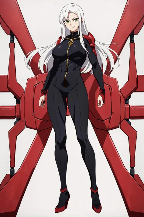 masterpiece, high quality, best quality, (1girl, solo:1.5), (muscular:1.0), muscles, abs, biceps, thighs, obliques, abs lines, naval, thighs, fit, (gigantic breasts:1.0), buffed, (closed mouth, half smile), (full-coverage attire, functional, proper, elegant, and modest attire:1.5), Taarna, white hair, long hair, green eyes, (black bodysuit:1.50), purple makeup, red lipstick, red pauldrons, red vambraces, red rerebraces, red gauntlets, red greaves, (white background:1.5), anime coloring, anime screencap, anime style, anime key visual, (full body:1.5), <lora:Taarnav1.0:0.60>