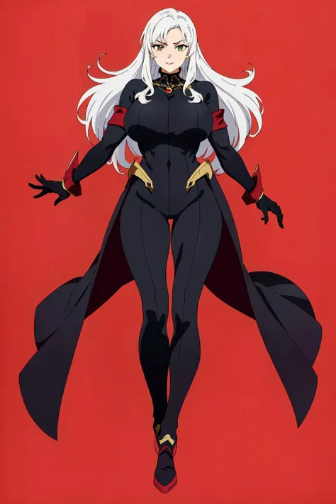 masterpiece, high quality, best quality, (1girl, solo:1.5), (muscular:1.0), muscles, abs, biceps, thighs, obliques, abs lines, naval, thighs, fit, (gigantic breasts:1.0), buffed, (closed mouth, half smile), (full-coverage attire, functional, proper, elegant, and modest attire:1.5), Taarna, white hair, long hair, green eyes, (black bodysuit:1.50), purple makeup, red lipstick, red pauldrons, red vambraces, red rerebraces, red gauntlets, red greaves, (white background:1.5), anime coloring, anime screencap, anime style, anime key visual, (full body:1.5), <lora:Taarnav1.0:0.60>