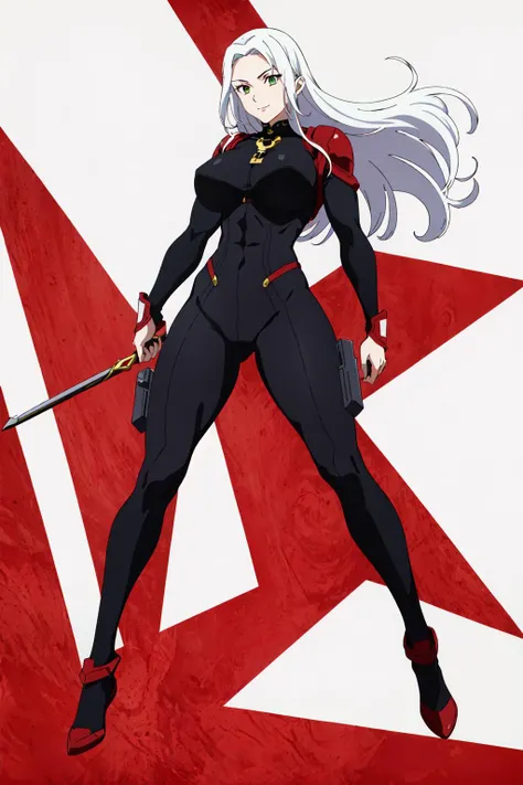masterpiece, high quality, best quality, (1girl, solo:1.5), (muscular:1.0), muscles, abs, biceps, thighs, obliques, abs lines, naval, thighs, fit, (gigantic breasts:1.0), buffed, (closed mouth, half smile), (full-coverage attire, functional, proper, elegant, and modest attire:1.5), Taarna, white hair, long hair, green eyes, (black bodysuit:1.50), purple makeup, red lipstick, red pauldrons, red vambraces, red rerebraces, red gauntlets, red greaves, (white background:1.5), anime coloring, anime screencap, anime style, anime key visual, (full body:1.5), <lora:Taarnav1.0:0.60>