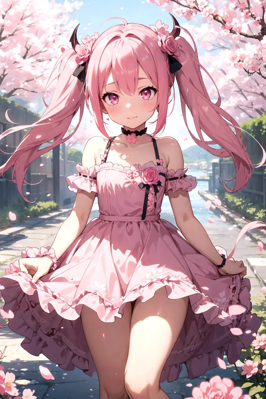 1girl, flat chest, ite, cute succubus, (perfect face), pink hair, (pink glowing eyes), long luscious twintails, sexy frilly lace dress, pink dress, sexy outfit, cute choker, pink roses around her, pink flowers in background, pink beautiful scenery, sakura blossoms, sakura flowers, pink petals in air, pink hearts in air, pink hearts around her,