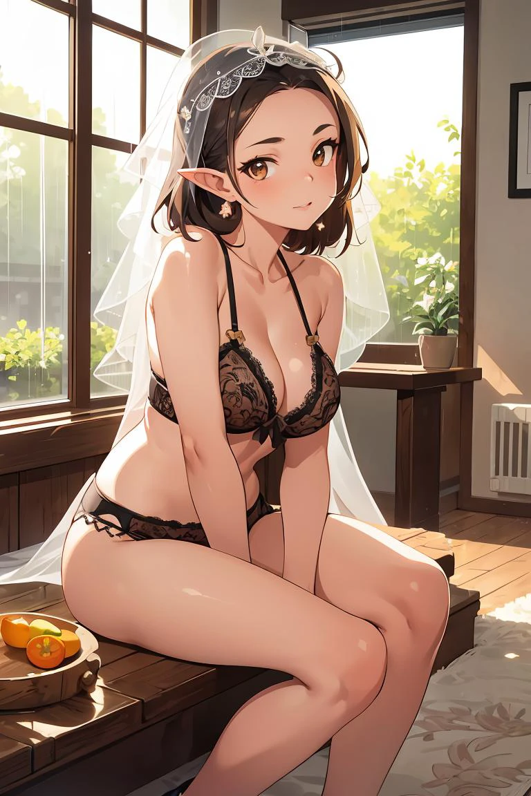 (masterpiece, best quality), female geriatric, elegant, pacific islander, light brown eyes, downturned ears, broad forehead, square face shape with round forehead, , tangerine chignon hair, delight wearing bralette, plunge bra, heels, cloche with a veil,, leg cross, crossing one leg over the other, evoking a sense of elegance and intrigue, rainy window lighting, soft, diffused light through raindrops on a window, creating a cozy and intimate mood, a sunlit park, filled with children playing and families having picnics