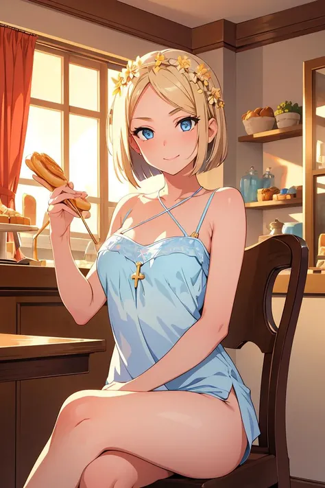 (masterpiece, best quality), female legal age, sculpted, greek, light blue eyes, pointed chin, dimpled cheeks, asymmetrical forehead, red carpet makeup , ash blonde bob cut hair, sarcasm wearing microfiber g-string, camisole, flower crown,, sitting cross-legged, sitting cross-legged with a flirtatious smile, exuding charm and elegance, sunset lighting, the warm, golden glow of a sunset, adding a romantic and enchanting feel to the scene, a charming bakery, with mouth-watering pastries and the sound of friendly chatter