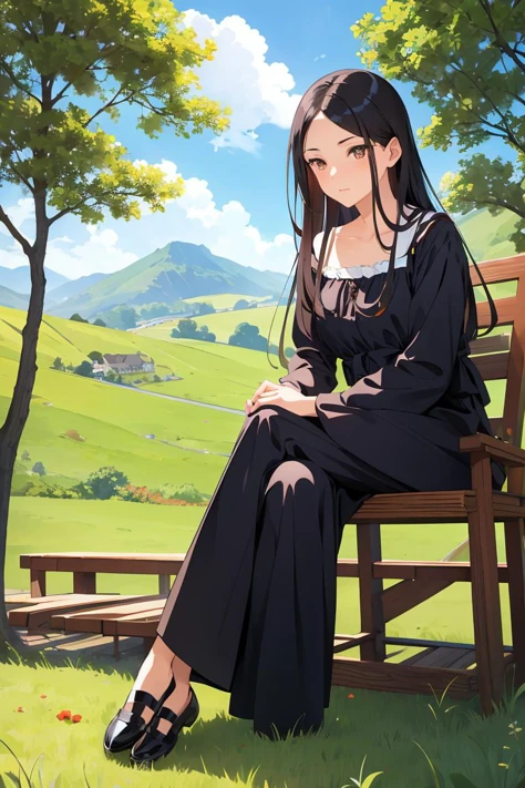 (masterpiece, best quality), female hundred years old, refined, native hawaiian, chestnut eyes, fleshy nose, narrow chin, narrow jaw, high forehead, , jet black long layers hair, gratitude wearing culotte jumpsuit, panties, oxford shoes, , crossed legs, standing with legs crossed, showcasing elegance and seduction, lens flares, dreamy flares adding a whimsical and romantic touch to the visuals, a picturesque countryside, with rolling hills, green meadows, and grazing animals