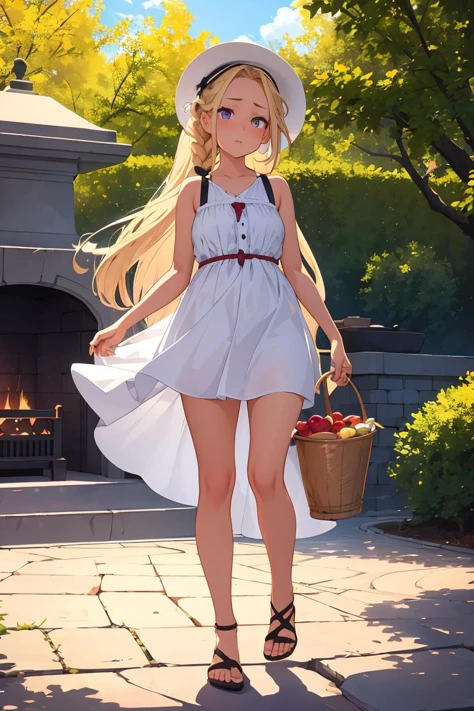(masterpiece, best quality), female ager, plump, berber, violet eyes, elongated ears, unusual nose, curved forehead, square face shape with round forehead, cheekbones, blonde braided haircut hair, sarcasm wearing high-low hem dress, g-string, bucket hat,, walking away pose, walking away with a confident and alluring stride, creating a captivating and mysterious pose, firelight, the flickering glow of a fireplace, bringing intimacy and warmth to the setting, a sunlit park, filled with children playing and families having picnics