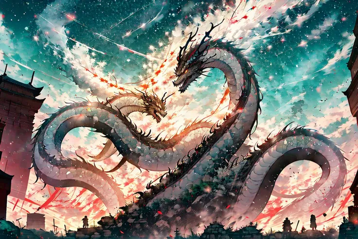 Chinese Dragon, Celestial Dragon soaring through the sky, festival, (fireworks:1.5), Chinese New year, Chinese Lanterns, masterpiece, <lora:DW-000008:0.3> <lora:wyy-000009:0.6> wyy_style, <lora:LAS:0.6>, <lora:more_details:0.5>, <lora:dragon girl_20240110103648:0.3> dragon girl <lora:Chinese dragon-000014:0.3> chinese dragon <lora:ChineseDragon_v2:0.3> chinesedragon <lora:æ¦ä¾ V1:0.6>