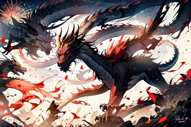 Chinese Dragon, Celestial Dragon soaring through the sky, festival, (fireworks:1.5), Chinese New year, Chinese Lanterns, masterpiece, <lora:DW-000008:0.1> <lora:wyy-000009:0.3> wyy_style, <lora:LAS:0.4>, <lora:more_details:0.5>, <lora:æ¦ä¾ V1:0.>, <lora:DragonGrilV1:0.5> dragon, <lora:sunAndShadow_v10:0.1>