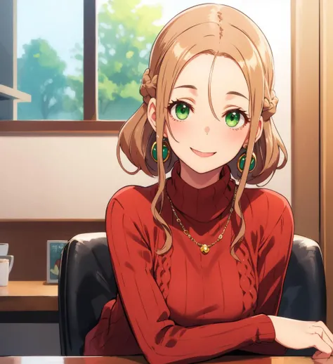 <lora:SC_InstructorLight_MSV1:0.8>,scinstrlght,maturefemale,hair updo,elegant updo,green eyes, brown hair,sweater, table,smile,,