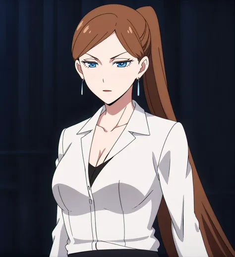 <lora:WISEEngineer002:0.8>,WISEEngineer,1woman,brown hair, long hair, ponytail,  blue eyes,office lady, jacket,collared shirt,collarbone, black skirt,cleavageblack-red gradient background