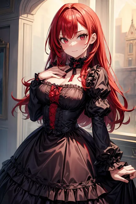 (masterpiece, best quality), 1girl, red hair, medium chest, gothic frill dress, pervert face, <lora:add_detail:1>
