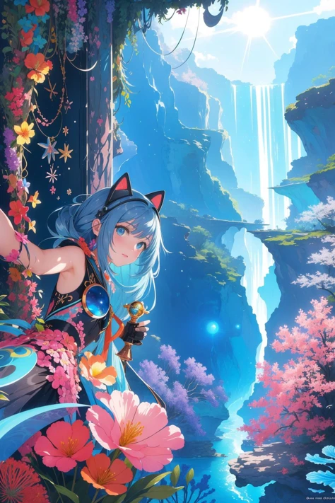 1girl, [ (fantasy art by Patrick Brown:0.9) | (Willi Baumeister:1.3) ], grand Drawing, best quality, selfie shot angle of a Steelpunk Tropical ([Russian Blue Cat|Poltergeist]:1.3) , flowers and Coral reef background, Iraqi space and nature, Clear skies, horizon-centered, Ultra Detailed, Cozy, Land Art, Beautifully Lit, Low shutter, complementary colors, epic fantasy, Luminism, Best quality, Concept Art World