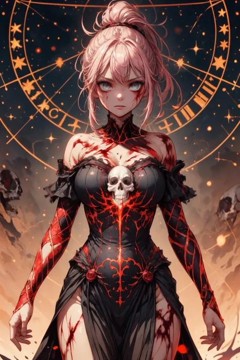( masterpiece:1.2),(best quality, high quality:1.1),
1girl, pink hair, ponytail hair, bangs,(aqua eyes:0.75),(red lips:0.8), (mascara:0.5), [<lora:glowingveins-nvwls-v1:0.5>glowingveins, red theme, (veins:1.2),:<lora:DART:0.5>DART,scary, dark horror theme, skull ghost, monster, fear, blood:25],fighting stance pose, (huge breast, large breast:0.9),<lora:add_detail:0.95>,
(soft shaded:1.1),  starwhisper sanctuary, celestial whispers, guiding constellations, sacred retreat, blurry background
