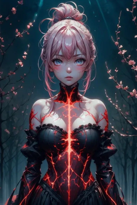 ( masterpiece:1.2),(best quality, high quality:1.1),
1girl, pink hair, ponytail hair, bangs,(aqua eyes:0.75),(red lips:0.8), (mascara:0.5), [<lora:DART:0.5>DART,scary, dark horror theme, skull ghost, monster, fear, blood:<lora:glowingveins-nvwls-v1:0.5>glowingveins, red theme, (veins:1.2),:25],(looking at viewer, Bend forward:1.1),, (huge breast, large breast:0.9),<lora:add_detail:0.94>,
(neon pastel light:1.1),  whispering willows, wispy branches, melodic whispers, enchanted grove, blurry background