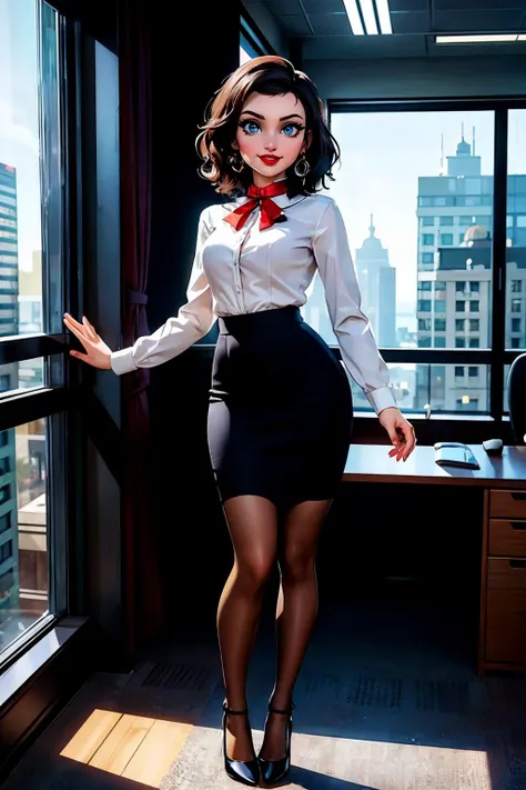 BioshockBurialElizabeth, black hair, blue eyes, red lipstick, white shirt, long sleeves, collar, red bow, black pencil skirt,pantyhose, heels, looking at viewer, smiling, full body shot, standing, inside, office, window, cityscape, high quality, masterpiece, <lora:BioshockBurialElizabeth:.7>