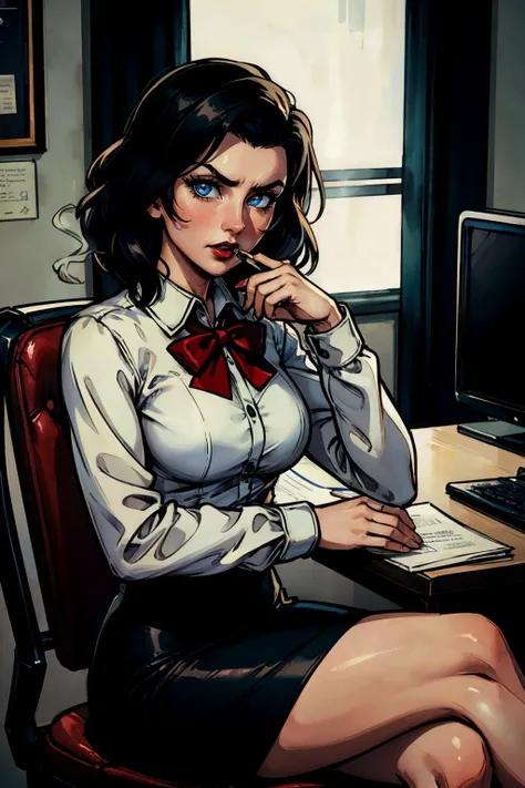 BioshockBurialElizabeth, black hair, blue eyes, red lipstick, white shirt, long sleeves, collar, red bow, black pencil skirt, looking at viewer, serious, sitting, on chair, legs crossed, inside office, dark, high quality, masterpiece, <lora:BioshockBurialElizabeth:.7>