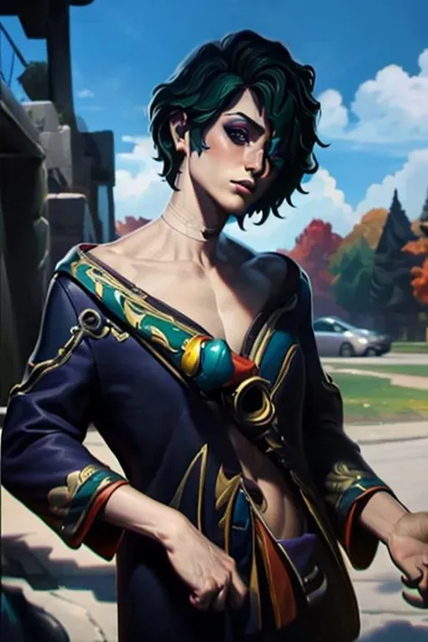 1boy, <lora:hwui-10:1>((extremely realistic shading, masterpiece, extremely detailed, photorealistic))hwui,Dark green hair, hair blocking one eye,Dark green eye shadow,Robe,Chinese brush in hand