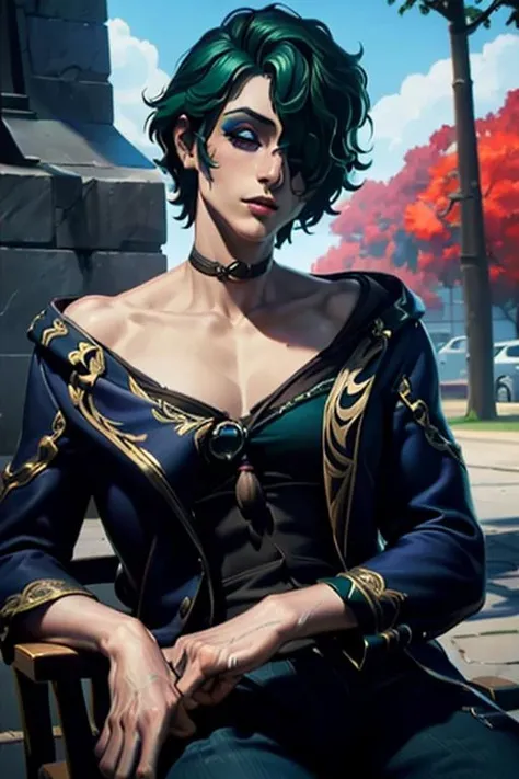 1boy, <lora:hwui-10:0.8>((extremely realistic shading, masterpiece, extremely detailed, photorealistic))hwui,Dark green hair, hair blocking one eye,Dark green eye shadow,Robe,Chinese brush in hand