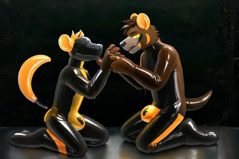 by hacony, goo_creature, (hyena, mid_transformation, living_latex, brown_fur, forced_transformation, fur:1.2), anthro, brown_hair, hypnosis, kneeling, lock_bulge, male, mind_control, null_bulge, rubber, rubber_clothing, rubber_suit, transformation, intricate, elegant, highly detailed, centered, grungy, digital painting, artstation, concept art, smooth, sharp focus