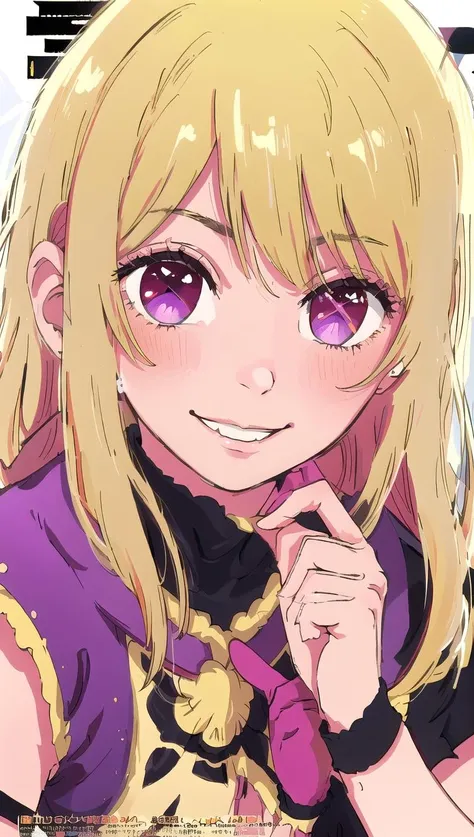 ruby hoshino, blonde hair, extremely detailed, detailed eyes, + +, purple eyes, upper body, cover, looking at viewer, smile, long hair, magazine cover, <lyco:Ruby3:0.7> (masterpiece, best quality;1.3), extremely detailed picture,8k cg, ultra detailed, pink gloves, fingerless gloves, facial close-up, <lyco:GoodHands-beta2:1>