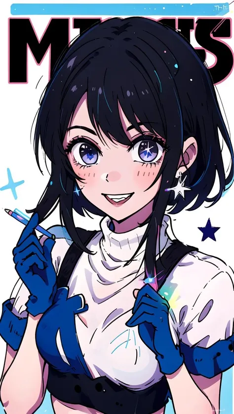 Vanessa_Colgurin, extremely detailed, detailed eyes, upper body, looking at viewer, smile, magazine cover, masterpiece, gloves, black hair, <lyco:GoodHands-beta2:1>, two-tone hair, english text, idolmaster, idol, blue eyes, short hair, turtleneck, star jewelry, simple background, medium breasts, 1girl, glowstick,<lora:Vanessa_v2-12:0.47><lora:Vanessa_v2-12:0.47>