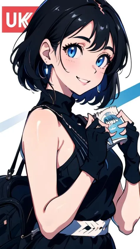 Vanessa_Colgurin, extremely detailed, detailed eyes, blue eyes, upper body, looking at viewer, smile, magazine cover, masterpiece, 8k, ultra-detailed, fingerless gloves, black hair, <lyco:GoodHands-beta2:1>, two-tone hair, english text, photoshop \(medium\), idolmaster, idol, blue eyes, short hair, bare shoulders,<lora:Vanessa_v2-12:0.72>