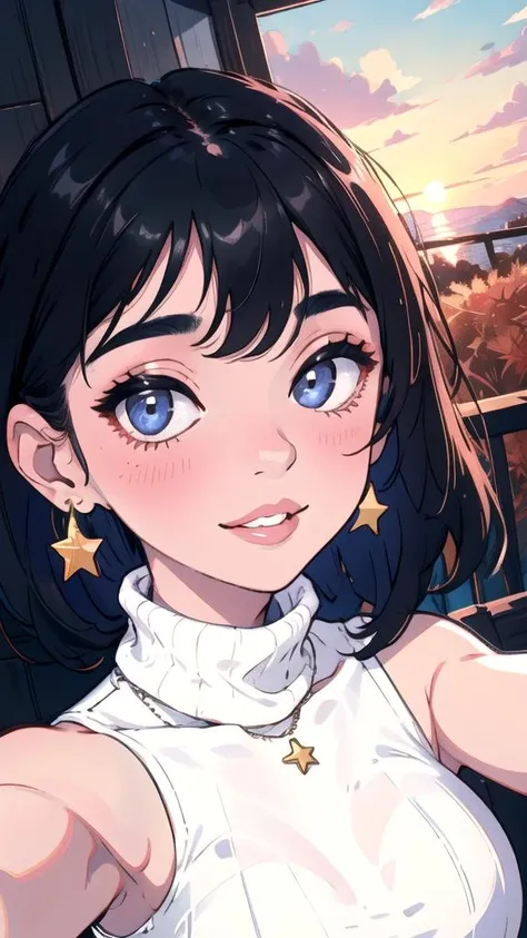 Vanessa_Colgurin, solo, caustics, shade, masterpiece, absurdres, high quality, good hands, animated, best quality, best aesthetic, earrings, star jewelry, two-tone hair, short hair, bare shoulders, sleeveless, upper body, black hair, ahegao, naughty face, looking at viewer, medium breasts, autumn, cute, sunset, seductive smile, lip biting, pointing at self, selfie, from above, wide shot, turtleneck,<lora:Vanessa_v2-12:0.66>